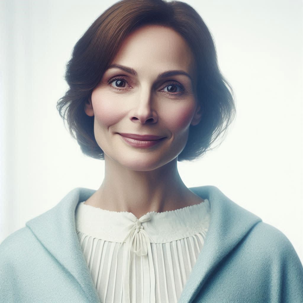 a portrait of a 40 years aged women in a soft, original style. the woman should be in white and blue